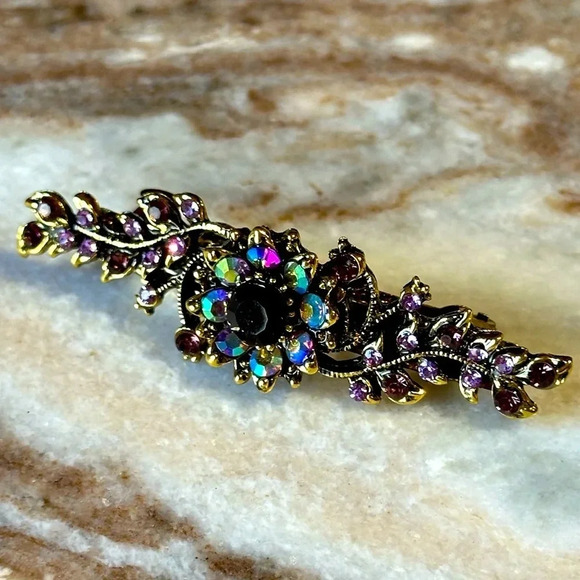 Accessories - Amethyst Dark Purple, AB Floral Crystal Rhinestone Medium Barrette Hair Clip
